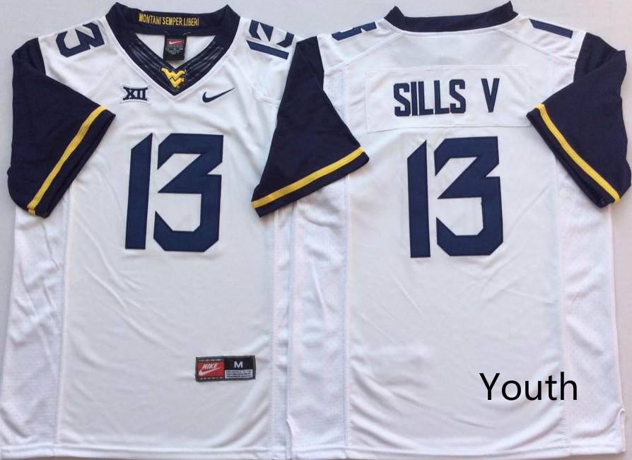 Youth West Virginia Mountaineers 13 Sills V White Nike NCAA Jerseys